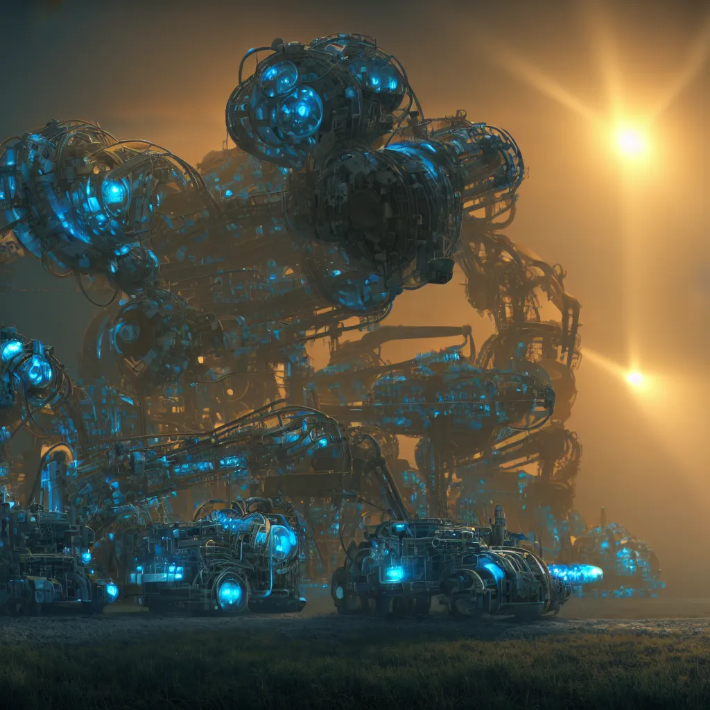 Prompt: factorio inserter, automation, pollution, soft cyan lighting, close up, crepuscular rays, realistic octane render, 8k, ultra detailed, concept art, painted by gaston bussiere
