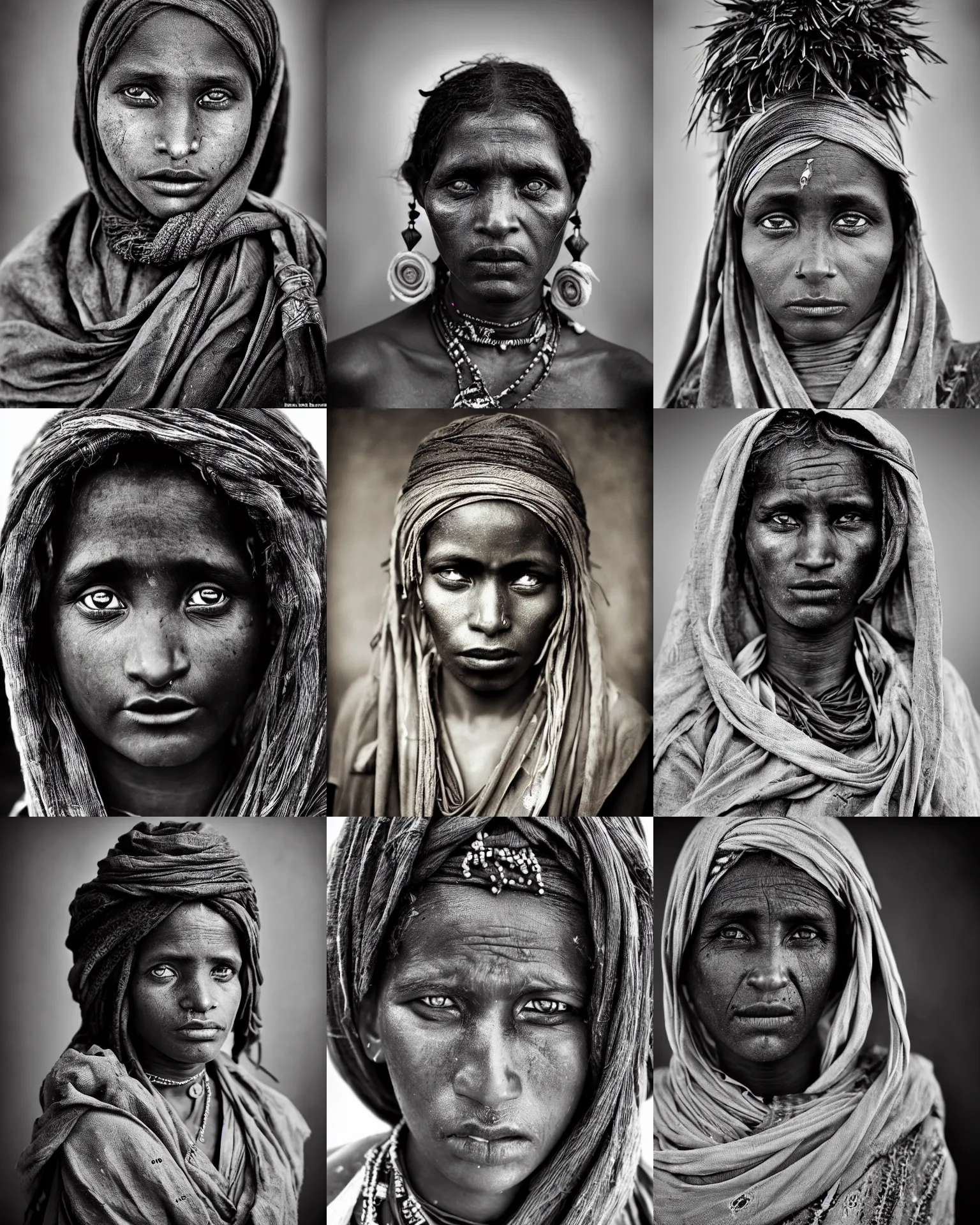 Prompt: Award winning Portrait photo of a Native Female Mauritanians with incredible hair and beautiful hyper-detailed eyes wearing traditional garb by Lee Jeffries, 85mm ND 5, perfect lighting, gelatin silver process