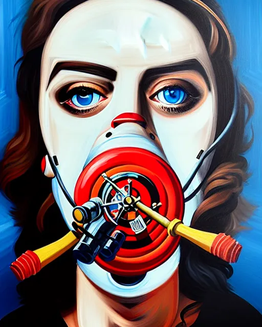 Image similar to portrait of a spy wearing oxygen mask with a harpoon with sea background with horror side profile by Sandra Chevrier