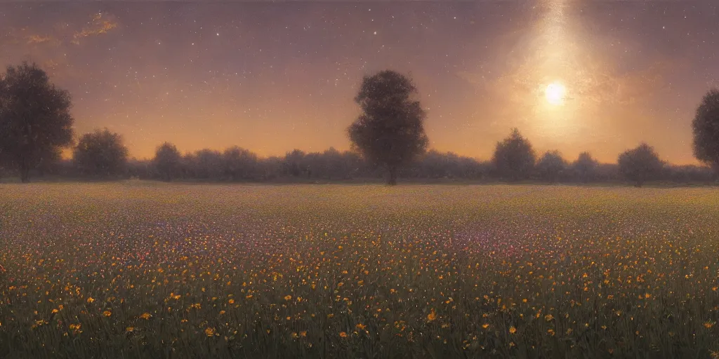 Image similar to field of flowers at night, lit by moonlight, landscape art by donato giancola and greg rutkowski, digital art, trending on artstation, symmetry!!, volumetric lighting