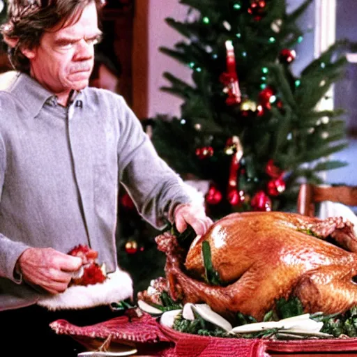 Prompt: William H Macy stuffing a turkey at christmas