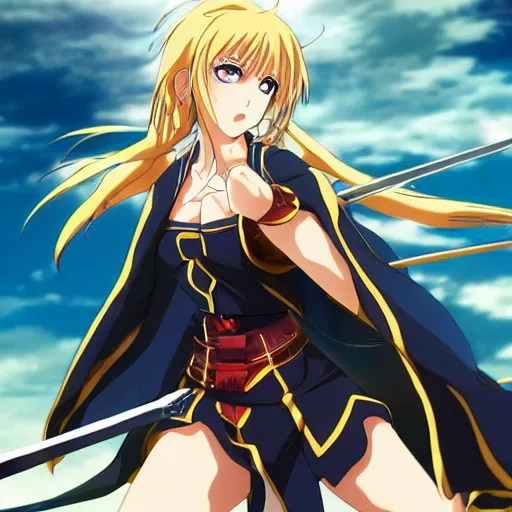 Image similar to key anime visual of a battle maiden dressed like saber, dynamic pose, dramatic pose, shield and sword, sky background.