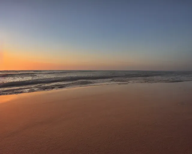 Prompt: low angle shot of empty beach, sunrise, cinematography by jim jarmusch