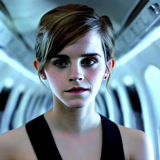 Image similar to emma watson, inside airplane, film still, fujifilm reala