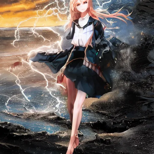 Image similar to a very beautiful anime cute girl, full body, long wavy blond hair, sky blue eyes, full round face, short smile, fancy top, miniskirt, front view, summer lake setting, storm weather, cinematic lightning, medium shot, mid-shot, highly detailed, cinematic wallpaper by Stanley Artgerm Lau