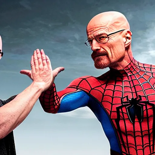 Prompt: walter white giving a high five to spiderman