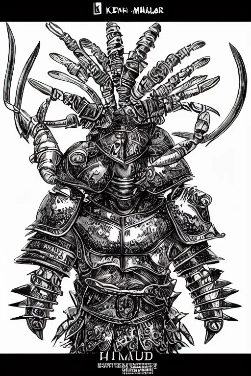 Image similar to human warrior, lobster themed armour, hermit crab, symmetrical, highly detailed, digital art, needles, sharp focus, trending on art station, kentaro miura manga art style