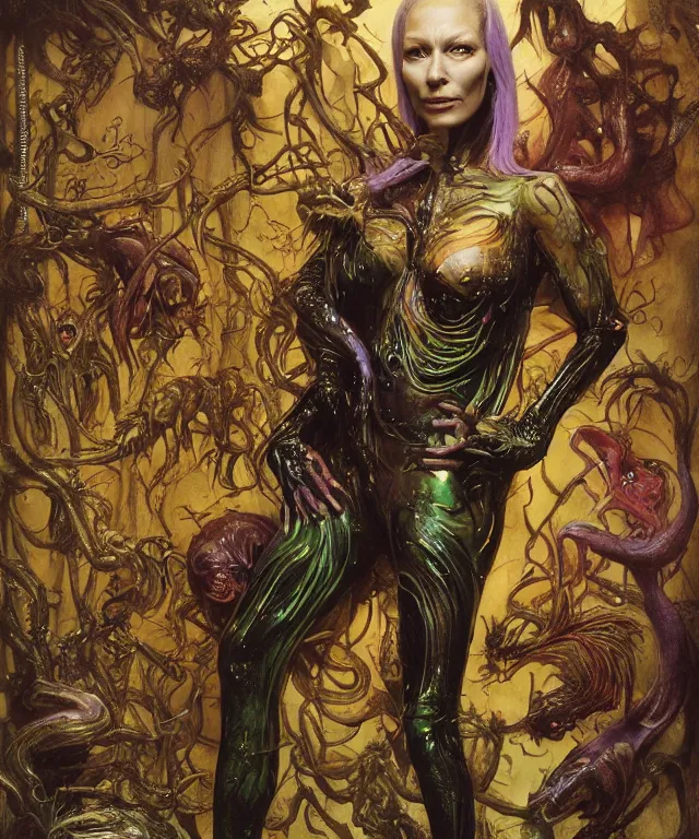 Image similar to a portrait photograph of a fierce mutated hybrid super villian with slimy skin. she looks like cate blanchet and is showing off a colorful infected bulbous shiny organic catsuit. by donato giancola, hans holbein, walton ford, gaston bussiere, peter mohrbacher and brian froud. 8 k, cgsociety, fashion editorial