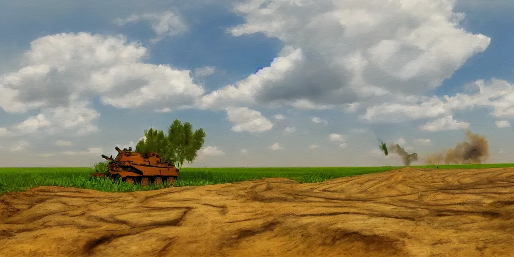 Image similar to an eastern front battlefield landscape, summertime, shell craters, single burning tank, digital oil painting