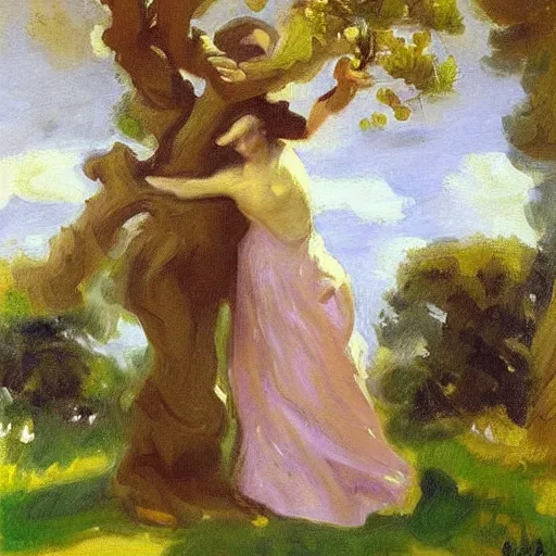 Prompt: a man and woman with tree heads watering each other, beautiful, john singer sargent style painting