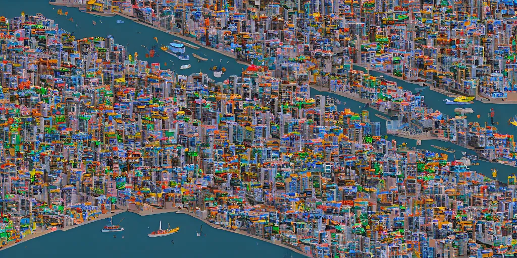 Prompt: isometric colorful 3D rendering of favelas surrounding San Francisco in 2038, Blender 3D, evening, lights on, electric wiring everywhere, shanties made of recycled material and corrugated metal. Panoramic