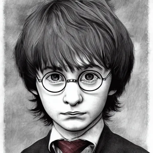 Prompt: a close up portrait of harry potter as a child, focused gaze, art station, highly detailed, concept art, sharp focus, illustration in pen and ink, wide angle, by kentaro miura