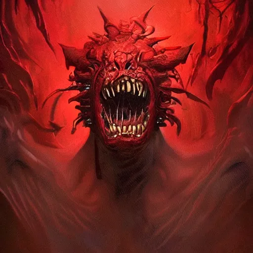 Image similar to Dark Fantasy Painting of a muscular red beast face with saliva and drool dripping from its mouth, creepy, unsettling, horror, upper body, intricate, wild, highly detailed, digital painting, artstation, concept art, smooth, sharp focus, illustration, art by artgerm and greg rutkowski and alphonse mucha