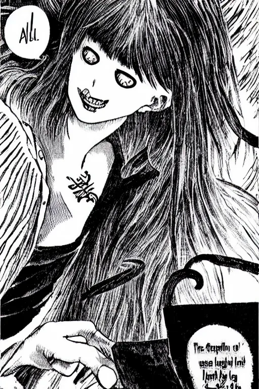 Image similar to angel of death smiling in the dark night, junji ito,