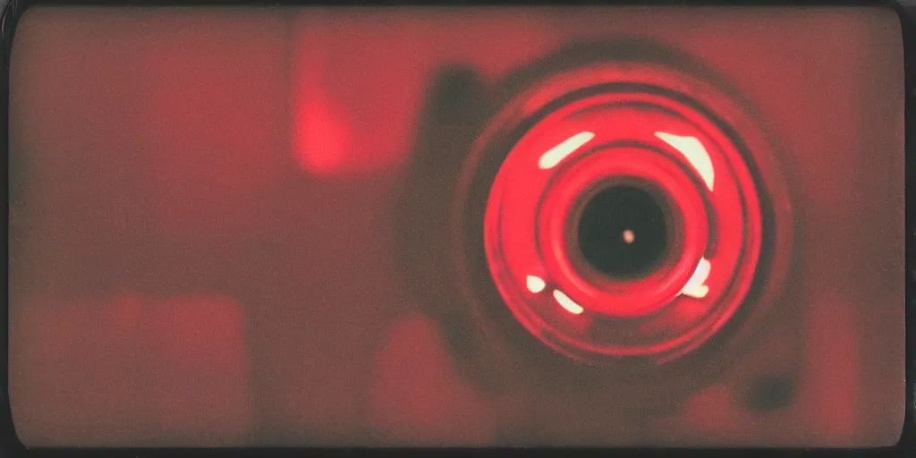 Prompt: analog vintage photography polaroid of a futuristic chrome camera lens, red color bleed, heavy film grain, bloom, glow