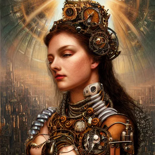 Prompt: A head and shoulders masterpiece portrait of a steampunk beautiful goddess, she half human and half robot, she is embellished with few gears wheels and gemstones, by William Holman Hunt, Greg Rutkowski, Stanely Artgerm, Tooth Wu, Peter Gric, Aaron Horkey, trending on Artstation, digital art, mythological, symmetrical artwork, cinematic lighting, hyper realism, high detail, octane render, ultra realistic, golden ratio, 4k, 8k