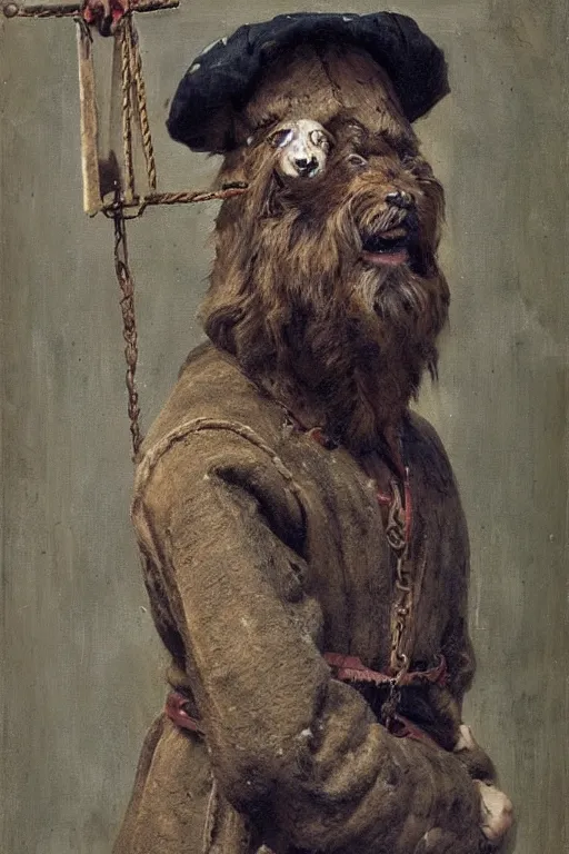 Prompt: slavic dog head man, woolen torso in medieval clothes, builds the roof, oil painting, painting by viktor vasnetsov, concept art, hyperrealism, beautiful, high resolution, trending on artstation,