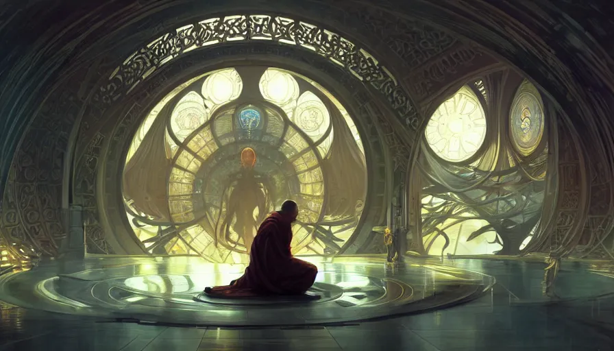 Image similar to a religious scifi room, monk doing tai chi on a floating circular platform in the center, symmetrical shot, center framing, elegant, cinematic shot, intricate digital painting artstation concept art smooth sharp focus illustration, art by artgerm and greg rutkowski and alphonse mucha