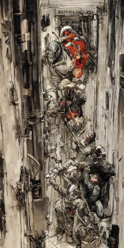 Image similar to oil painting scene from old elevator by kim jung gi