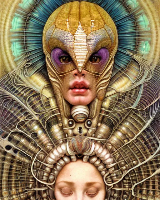 Image similar to hyperrealistic detailed face portrait of the beautiful goddess of the giant isopods with an intricate golden ornamental geometrical fractal giant isopod masked headdress, art by ernst haeckel, john william godward, android jones, alphonso mucha, h. r. giger, gothic - cyberpunk, ornamental, dimmed pastel colours,