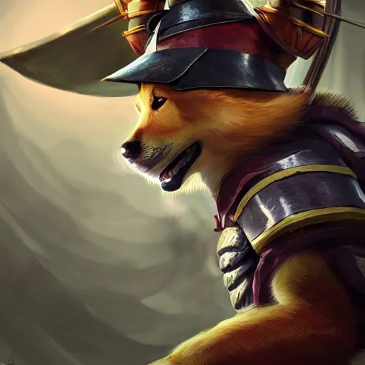 Image similar to shiba inu samurai warrior as a league of legends character, michael maurino, alex flores, paul kwon, cinematic, highly detailed, concept art, 3 d cgi, dramatic lighting, focus, smooth, heroic, hyper realistic background