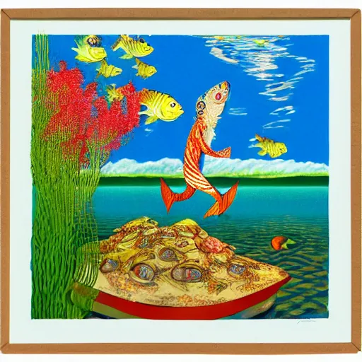 Image similar to a guffy looking fish jumping out of a beautiful lake with a funny day, in the style of Patrick woodroffe