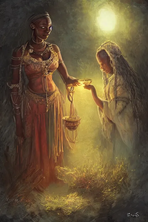 Image similar to african princess giving an offering to a heavenly being, mystical artifact, digital art, fantasy, magic, professional illustration by seb mckinnon, wlop, and artgerm, illustration