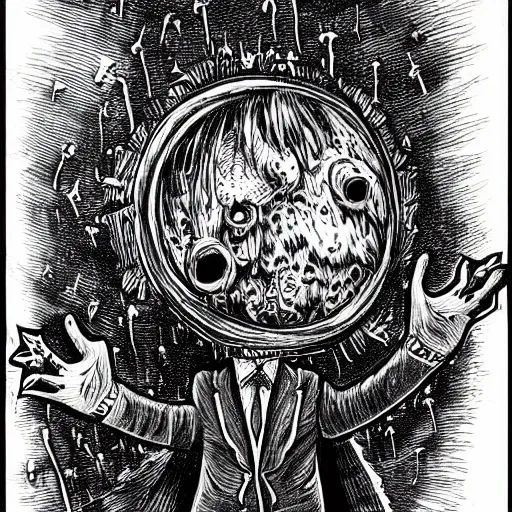 Image similar to a Pop Wonder scary horror themed goofy-hilarious-swamp-bog-monster-spaced-out-dead-head-with-space-in-his-oraphus, 3-piece-suit, dime-store-comic drawn with charcoal and pen and ink, half-tone-line-stacking