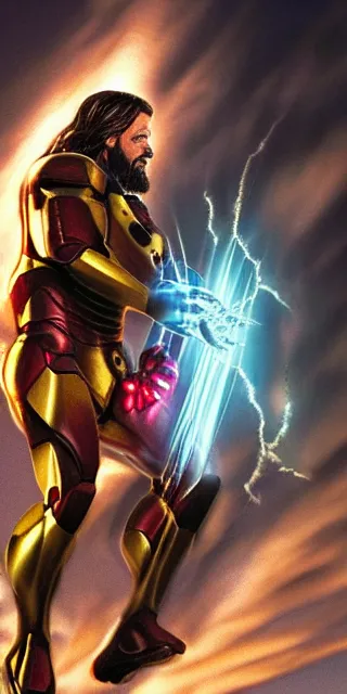 Image similar to full shot photograph of jesus christ being carried by iron man on doomsday, photorealistic, cinematic lighting, extremely detailed