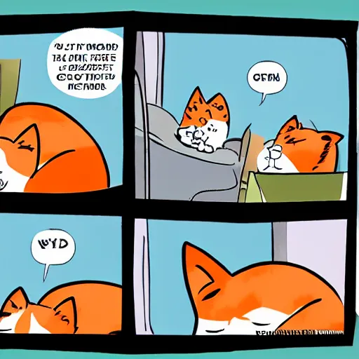 Image similar to A 3 panel comic strip featuring a human male and a striped orange cat