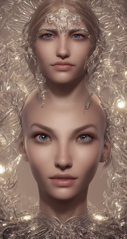 Image similar to full body detailed, ethereal, biomechanical, covered in diamonds and other gems glowing, highly detailed face, elegant posed, intricate, extremy detailed, beeple, cgsociety, 3 d unreal engine octane render. cinematic lighting, highly detailed 4 k art