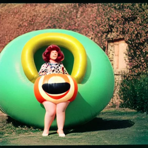 Image similar to 1976 glamorous thicc woman wearing an inflatable smiley head, wearing a dress, in a small village full of inflatable worms, 1976 French film archival footage technicolor film expired film 16mm Fellini new wave John Waters Russ Meyer movie still
