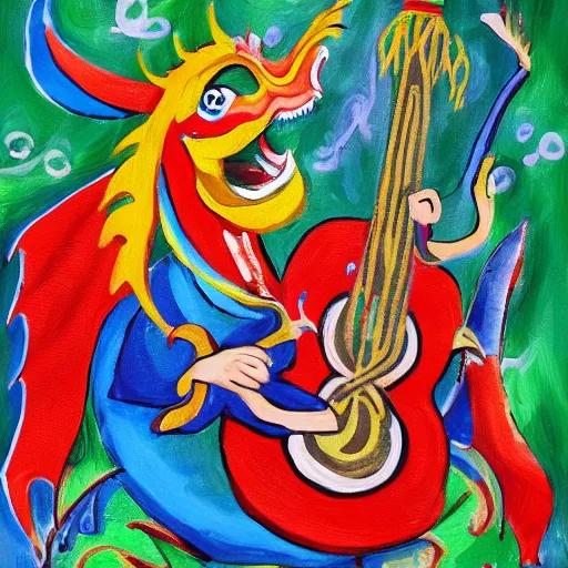 Image similar to russian dragon playing balalika guitar, childrens painting ,