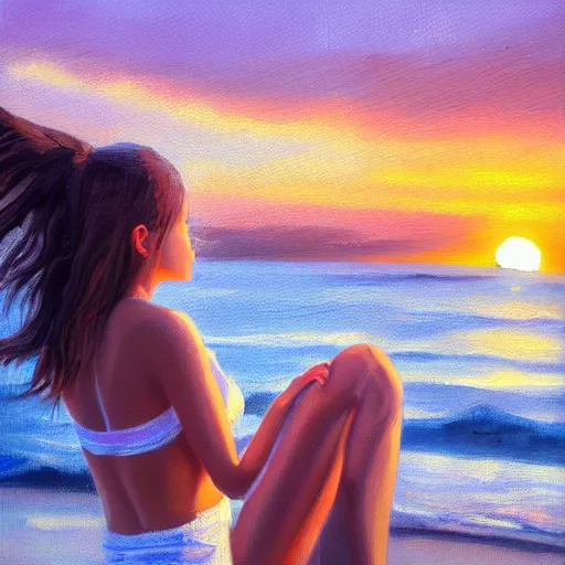 Prompt: an influencer girl portrait, sunset, ocean in distance, oil painting, pale colors, high detail, 8 k, wide angle, trending on artstation,