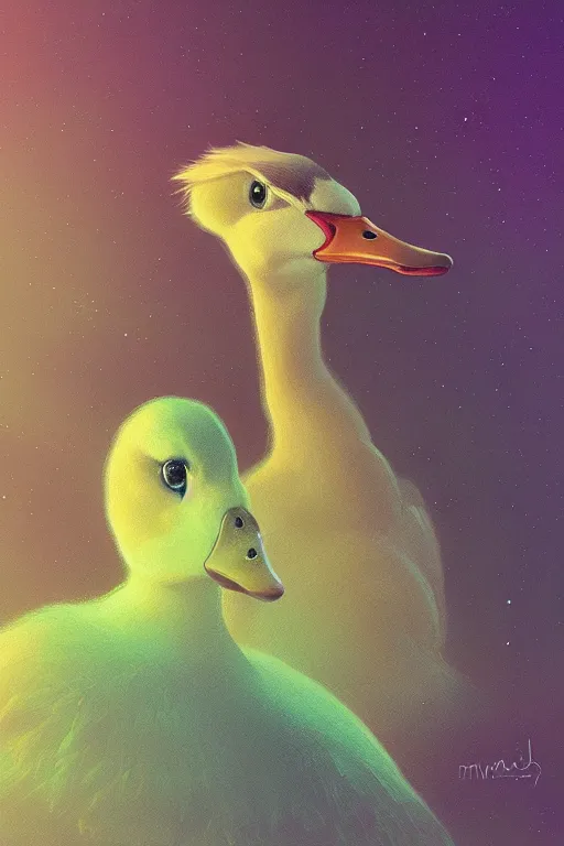 Image similar to scifi duck concept portrait, detailed, sharp focus, pastel, intricate, realistic, smooth, volumetric lighting, digital painting, by miyazaki