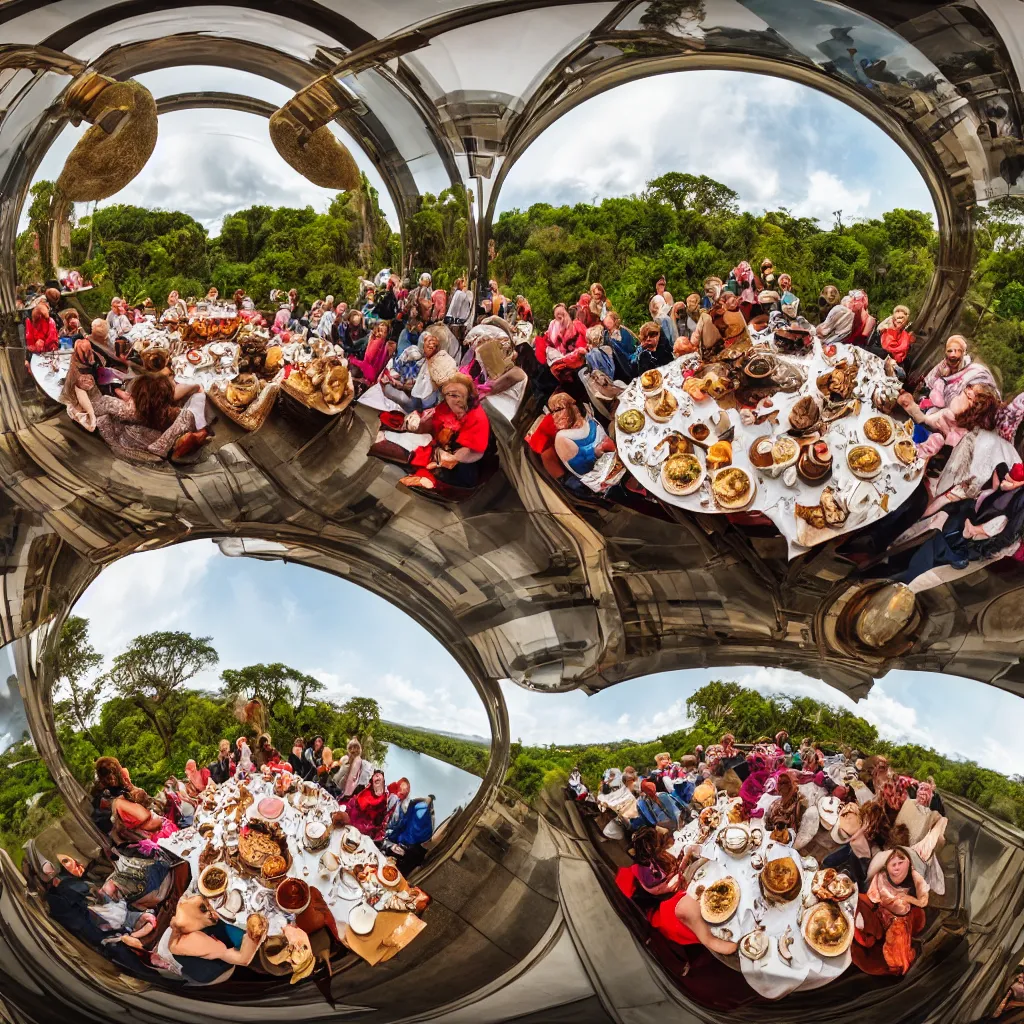 Image similar to elephant tea party, high tea, on a bridge, fulldome, 1 8 0 degree fisheye, 4 k,