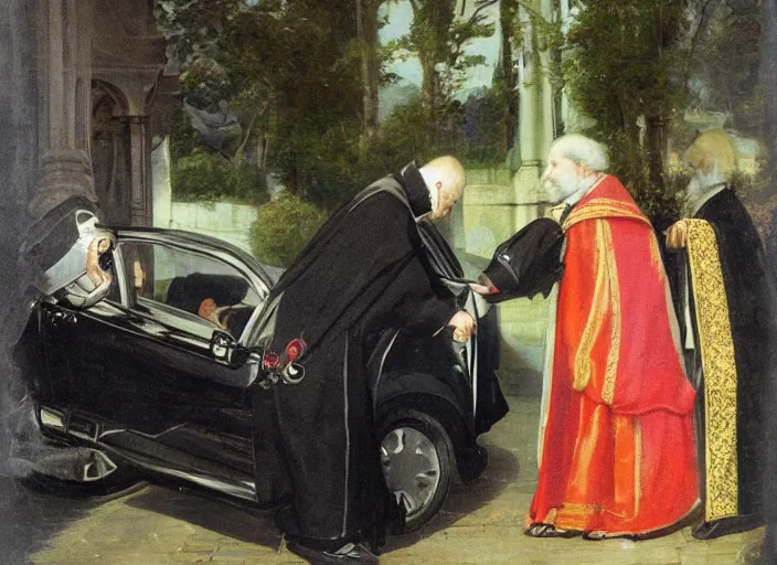 Image similar to A bishop getting out of a Suzuki Alto, victorian era painting