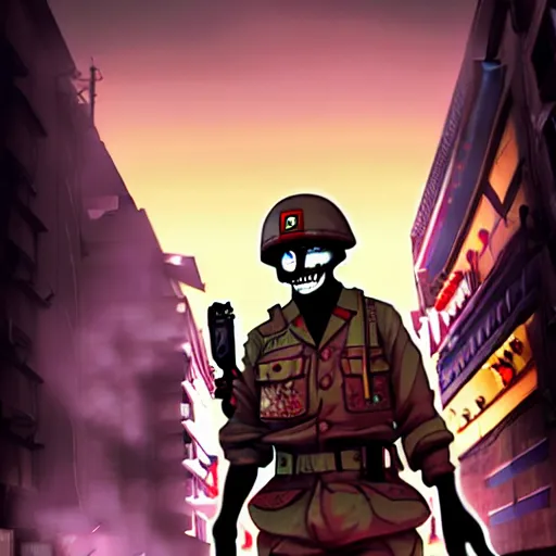 Prompt: japan soldier zombie in racoon city, key lights, illustrate by emanuele dascanio and robin eley and dru blair and marco grassi