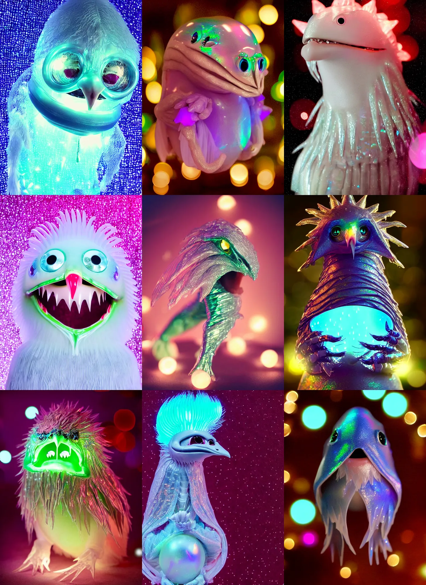 Prompt: kawaii portrait of a silly bashful scifi saliva skeksis creature of love, painfully adorable, soft iridescent membranes, gushy gills and baleen, translucent skin shows cute skeletal details in front of dark christmas bokeh lights, friendly, occult, gelatinous with wittle tiny teeth