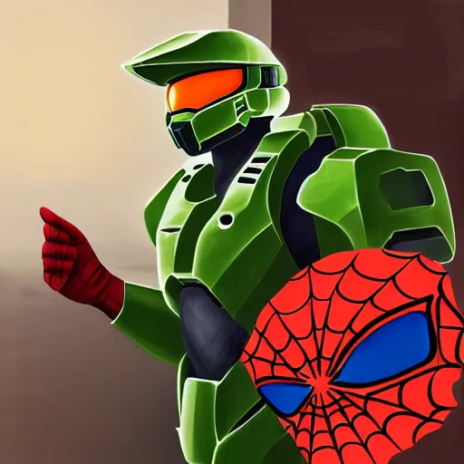 Image similar to Master Chief from Halo getting a pizza from Spiderman at an old apartment, digital painting