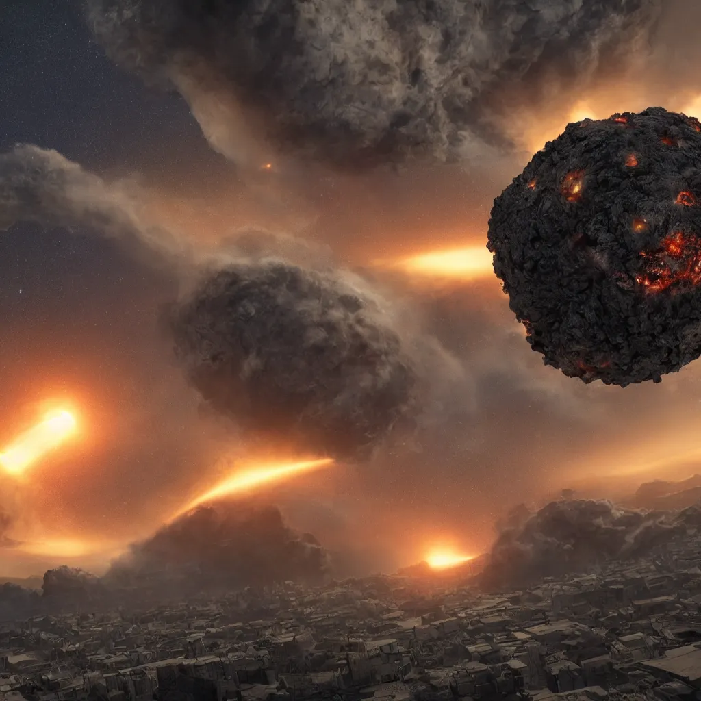 Prompt: An incredibly beautiful but ominous matte painting depicting meteorites destroying a planet, nvidia, vray, evening, epic scale, octanerender