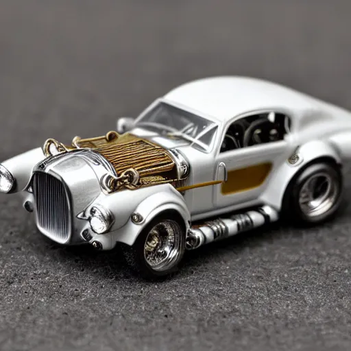 Image similar to 3 5 mm photo of metallic white steampunk shelby like hot wheels model