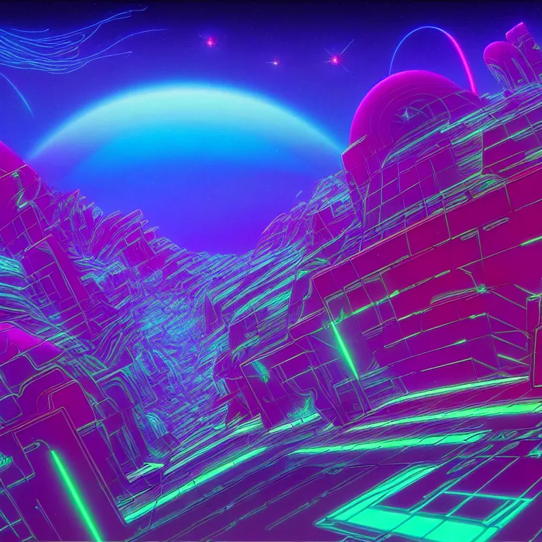 Image similar to elegant geometric space traffic in ethereal crystal city, ( ( synthwave ) ), ( ( fractal waves ) ), bright neon colors, highly detailed, exquisite detail, smooth gradients, cinematic, tim white, roger dean, michael whelan, caza, bob eggleton, philippe druillet, vladimir kush, kubrick, alfred kelsner, vallejo