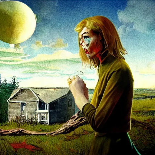 Prompt: Elle Fanning in the painted world of Scooby Doo Zombie Island, head and shoulders masterpiece, apocalypse, golden hour, cosmic horror, artstation, in the style of Andrew Wyeth and Edward Hopper and Bosch, extremely detailed