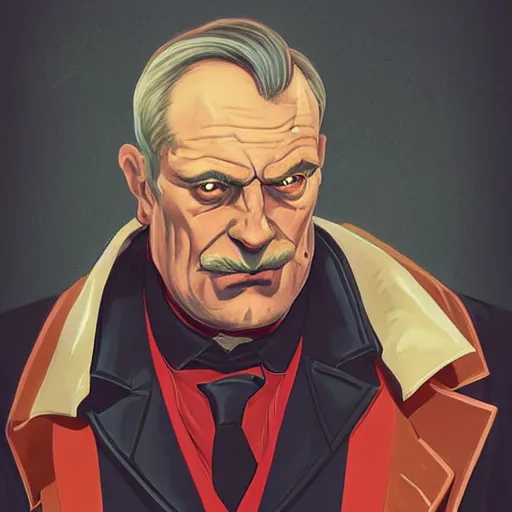 Prompt: a portrait of a stern heavy set older man with a round face and a salt and pepper goatee, elegantly dressed in a smoking jacket, in the style of a soviet era propaganda poster, cyberpunk dark fantasy art, official fanart behance hd artstation by jesper ejsing