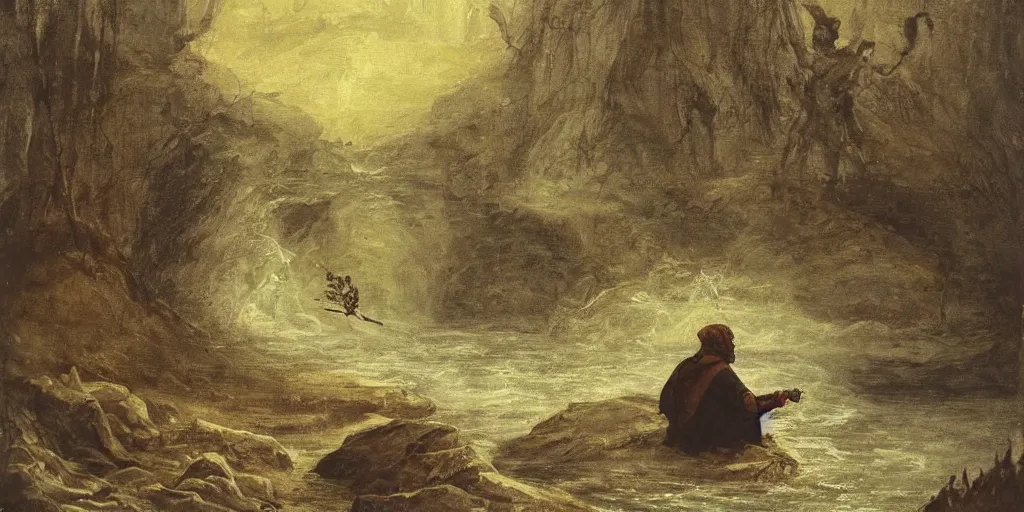 Image similar to a man sits at the edge of a river in the underworld waiting for the ferryman charon, beksinksi