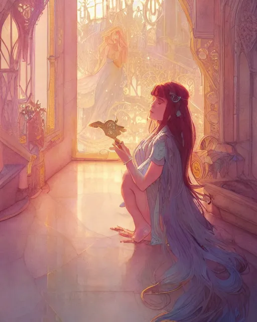 Image similar to secret romance, highly detailed,, gold filigree, romantic storybook fantasy, soft cinematic lighting, award, disney concept art watercolor illustration by mandy jurgens and alphonse mucha and alena aenami, pastel color palette, featured on artstation