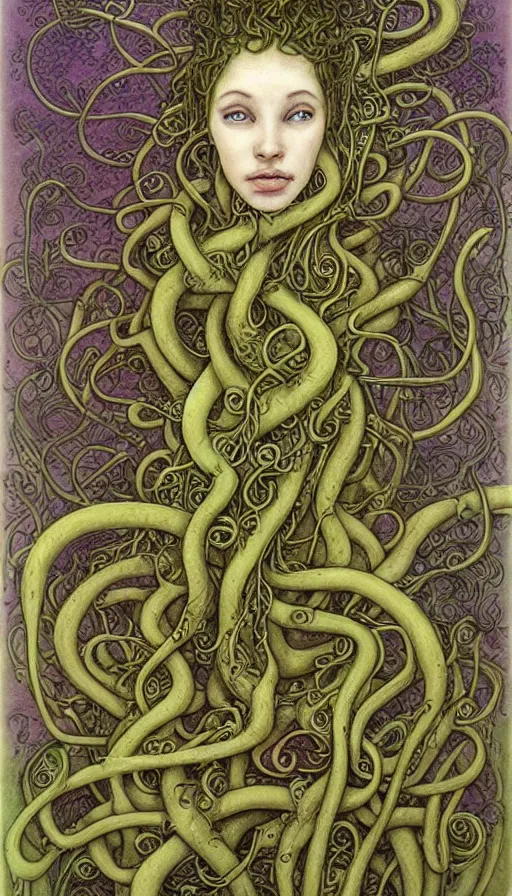 Prompt: very detailed portrait of a 2 0 years old girl surrounded by tentacles, the youg woman visage is blooming from fractal and vines, by brian froud