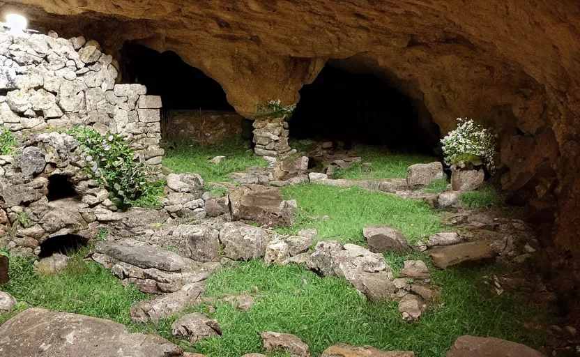 Prompt: cave built into an early medieval village lit by torches, plants