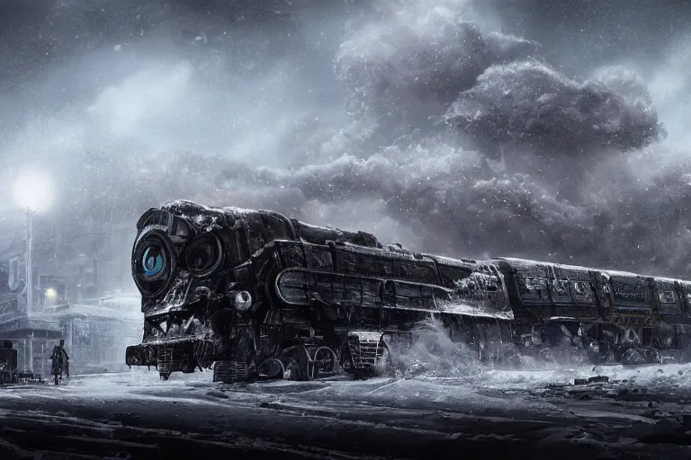 Prompt: an intricate futuristic black steam train and a giant mammoth, post - apocalyptic ice landscape in snowstorm, concept art, artstation, highly detailed, digital art